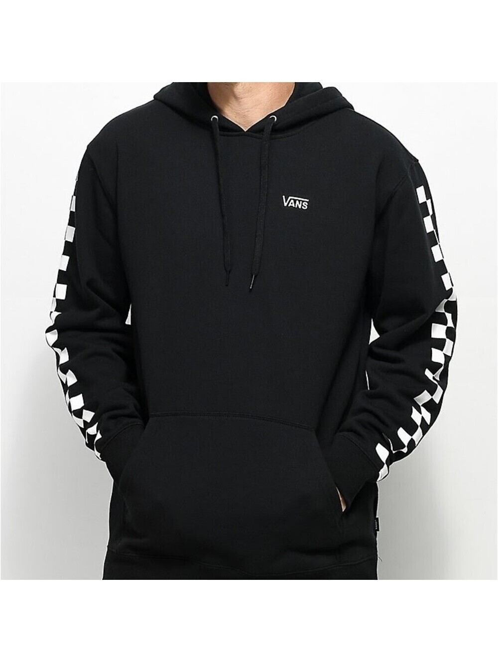 Vans Black Hoodie with White Checkerboard Sleeve Design, Medium